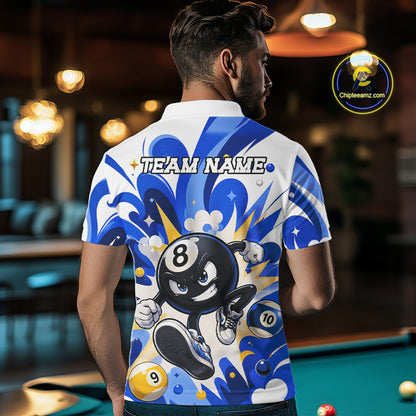 Man wearing blue funny 8 ball pool graffiti billiard team jersey polo shirt featuring colorful graffiti artwork, back view.