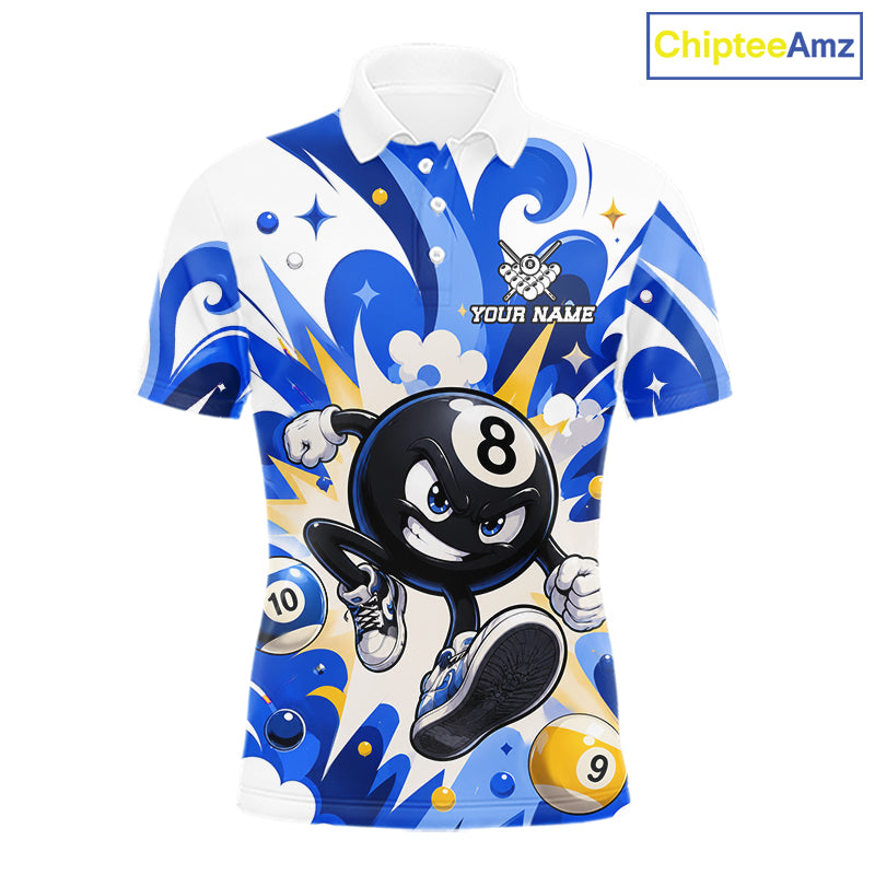 Blue funny 8 ball pool graffiti billiard team jersey polo shirt for men featuring colorful graffiti artwork, premium custom pool league apparel for tournaments, league matches and competitive billiard players.