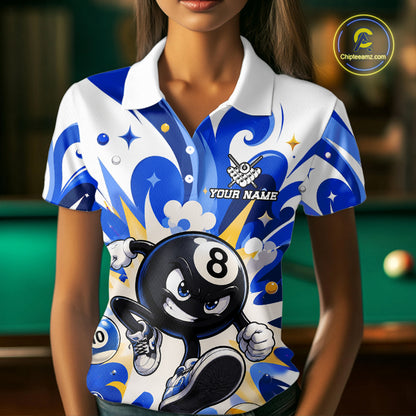 Woman wearing red funny 8 ball pool graffiti billiard team jersey polo shirt featuring colorful graffiti artwork, front view.