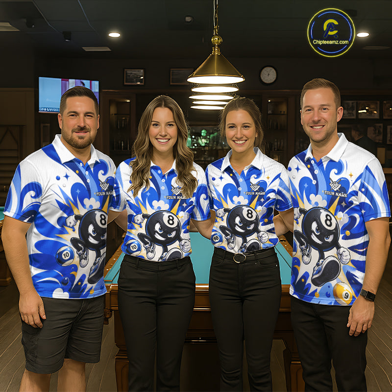 Billiard team wearing matching blue funny 8 ball pool graffiti team jerseys featuring vibrant street art graphics, front view.