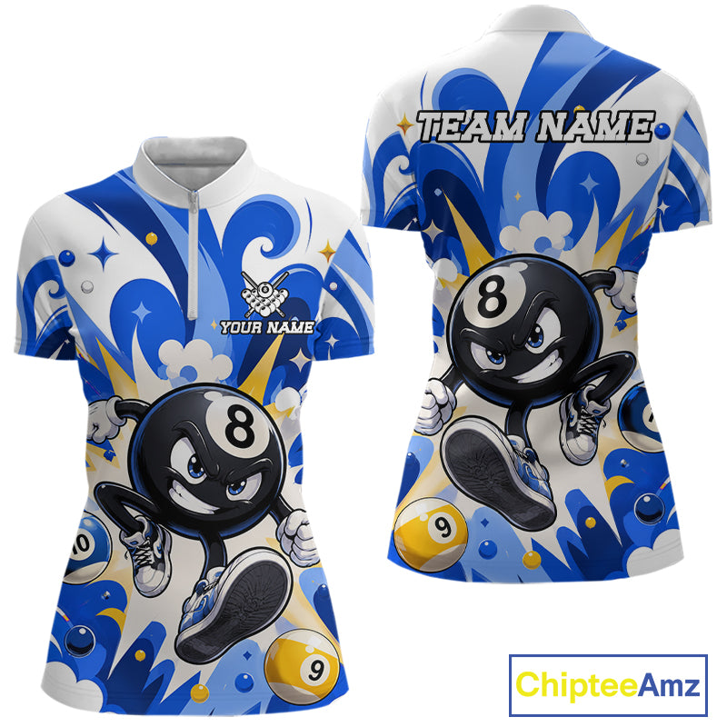 Red funny 8 ball pool graffiti billiard team jersey quarter zip shirt for women featuring bold graffiti graphics, premium custom billiard league apparel for tournament play.