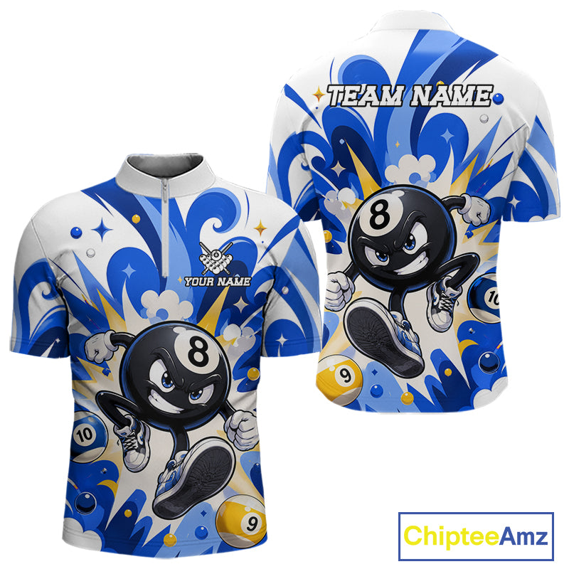 Blue funny 8 ball pool graffiti billiard team jersey quarter zip shirt for men featuring bold graffiti graphics, premium custom billiard league apparel for tournament play.