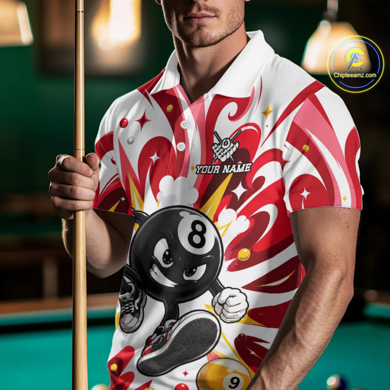 Man wearing red funny 8 ball pool graffiti billiard team jersey polo shirt featuring colorful graffiti artwork, front view.