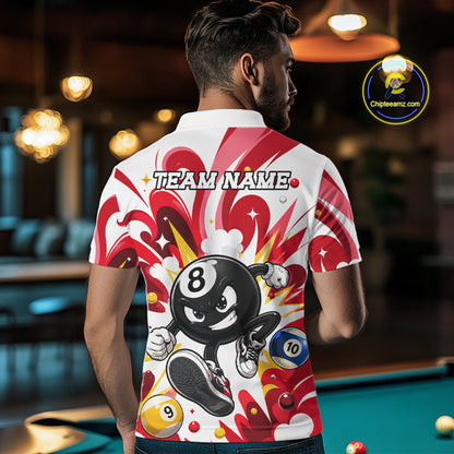 Man wearing red funny 8 ball pool graffiti billiard team jersey polo shirt featuring colorful graffiti artwork, back view.