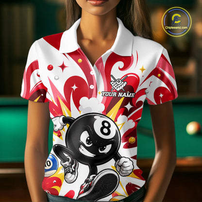 Woman wearing red funny 8 ball pool graffiti billiard team jersey polo shirt featuring colorful graffiti artwork, front view.