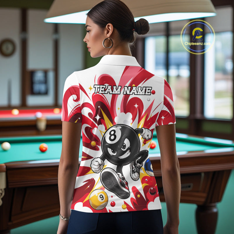 Woman wearing red funny 8 ball pool graffiti billiard team jersey polo shirt featuring colorful graffiti artwork, back view.