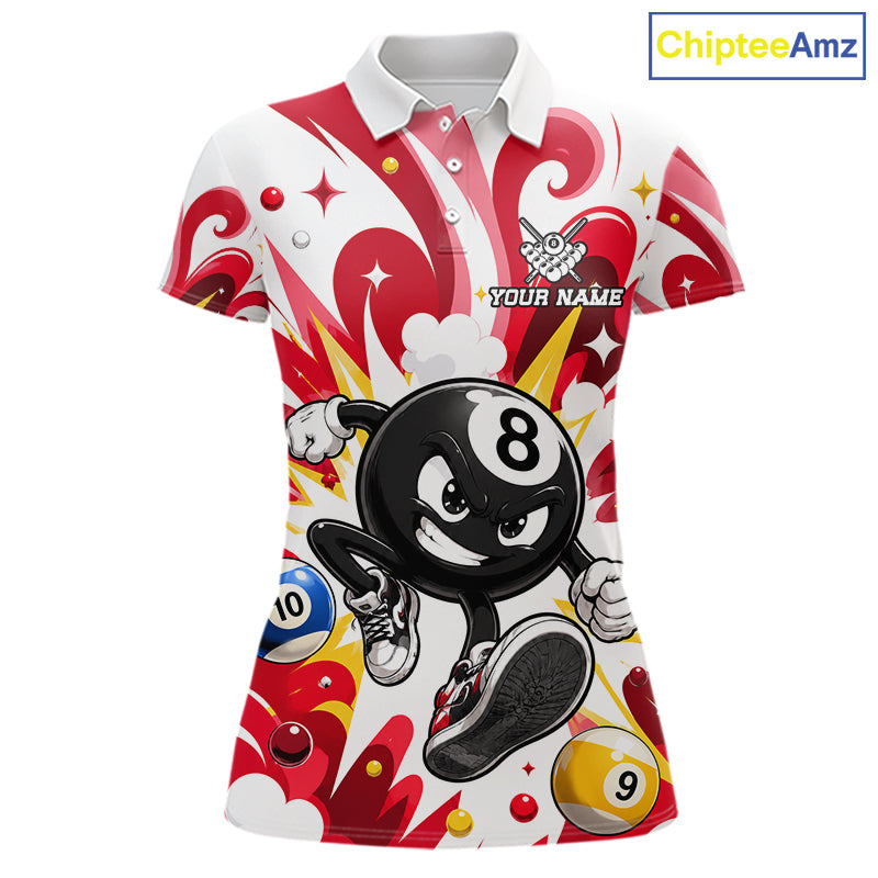 Red funny 8 ball pool graffiti billiard team jersey polo shirt for women featuring colorful graffiti artwork, premium custom pool league apparel for tournaments, league matches and competitive billiard players.