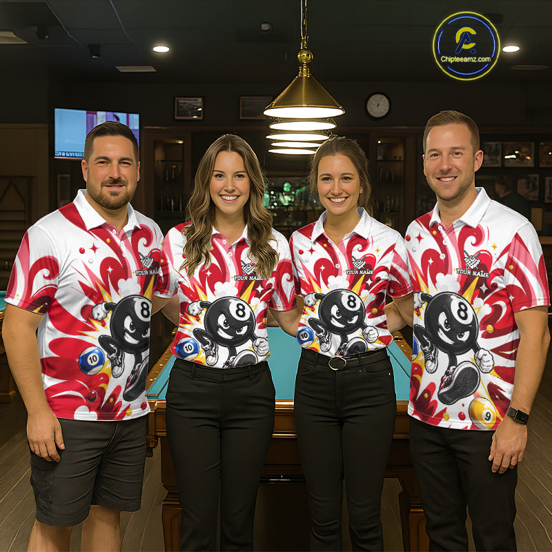 Billiard team wearing matching red funny 8 ball pool graffiti team jerseys featuring vibrant street art graphics, front view.