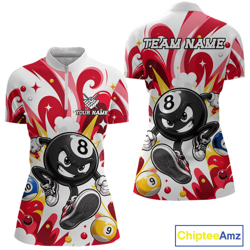 Red funny 8 ball pool graffiti billiard team jersey quarter zip shirt for women featuring bold graffiti graphics, premium custom billiard league apparel for tournament play.