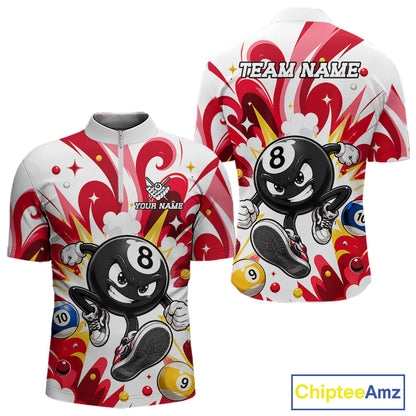 Red funny 8 ball pool graffiti billiard team jersey quarter zip shirt for men featuring bold graffiti graphics, premium custom billiard league apparel for tournament play.