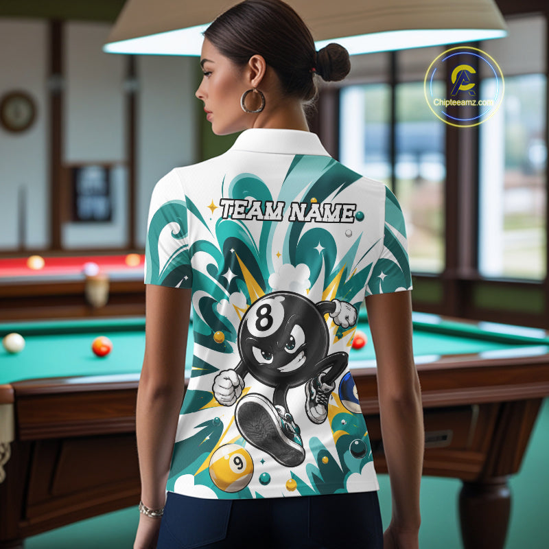 Woman wearing teal funny 8 ball pool graffiti billiard team jersey polo shirt featuring colorful graffiti artwork, back view.