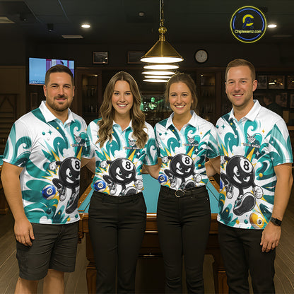 Billiard team wearing matching teal funny 8 ball pool graffiti team jerseys featuring vibrant street art graphics, front view.
