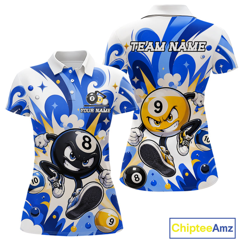 Blue funny graffiti 8 ball and 9 ball pool billiard team jersey polo shirt for women featuring colorful street art graphics, premium custom pool league apparel for tournaments and competitive billiard teams.