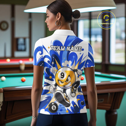 Woman wearing blue funny graffiti 8 ball and 9 ball pool billiard team jersey polo shirt featuring colorful graffiti artwork, back view.