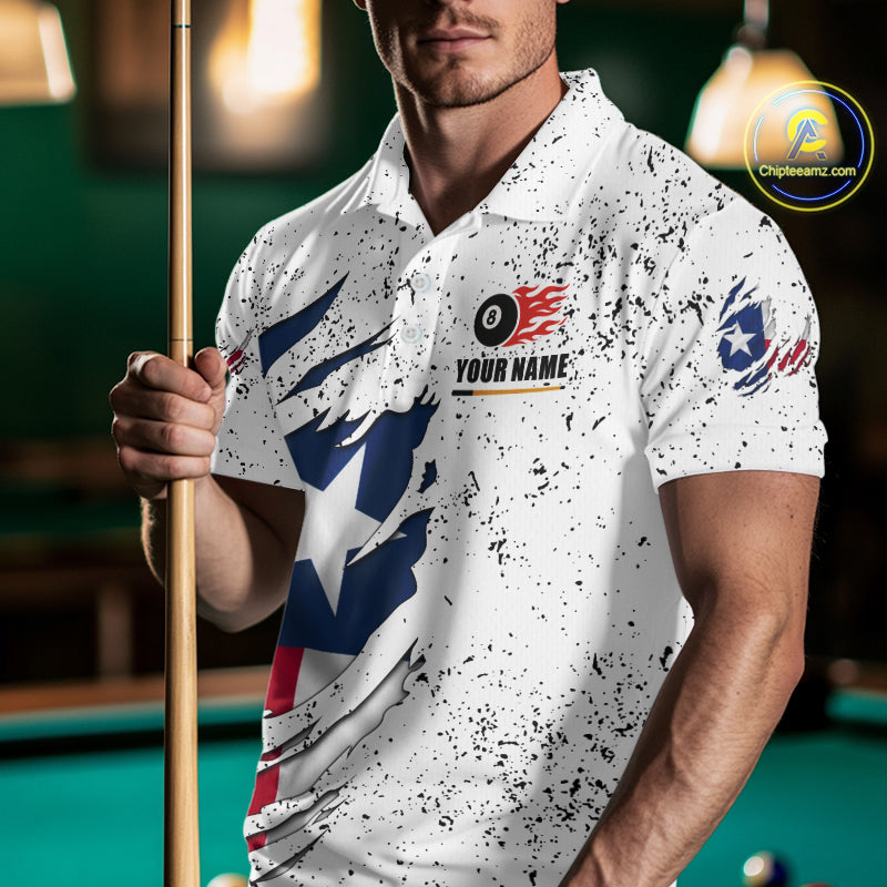 Man wearing black grunge Texas flag 8 ball pool billiard team jersey polo shirt featuring distressed patriotic Texas flag artwork, front view.