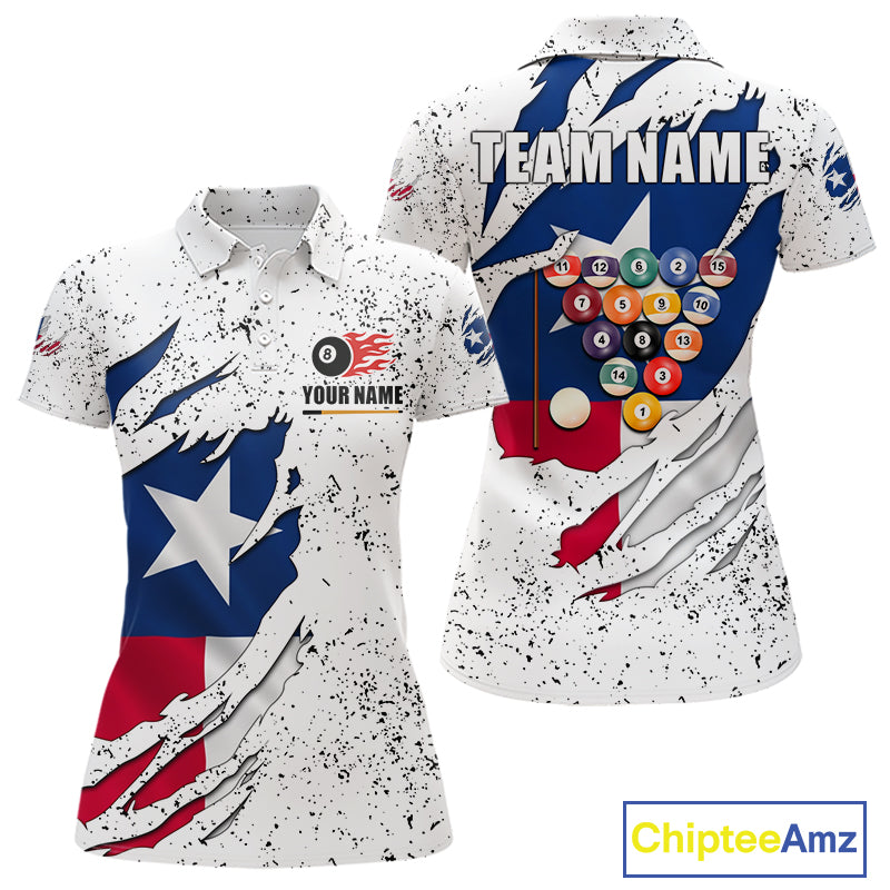 Black grunge Texas flag 8 ball pool billiard team jersey polo shirt for women featuring distressed Texas flag artwork with bold patriotic styling, premium custom pool league apparel for tournaments, league play and competitive billiard teams.