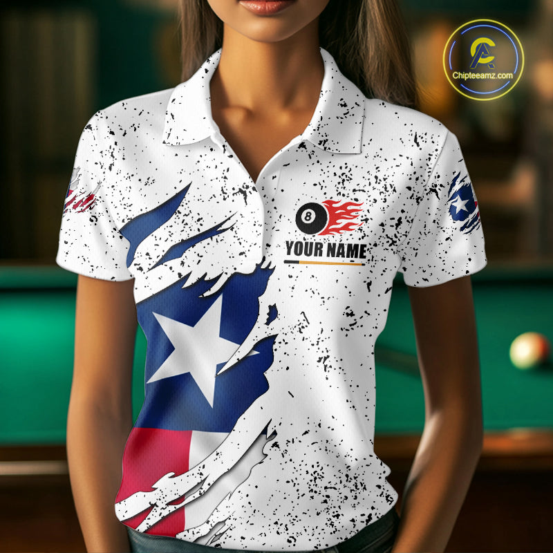 Woman wearing black grunge Texas flag 8 ball pool billiard team jersey polo shirt featuring distressed patriotic Texas flag artwork, front view.
