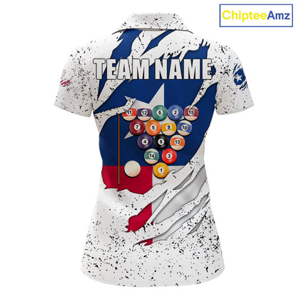 Black grunge Texas flag 8 ball pool billiard team jersey polo shirt for women featuring distressed Texas flag artwork with bold patriotic styling, premium custom pool league apparel for tournaments, league play and competitive billiard teams.