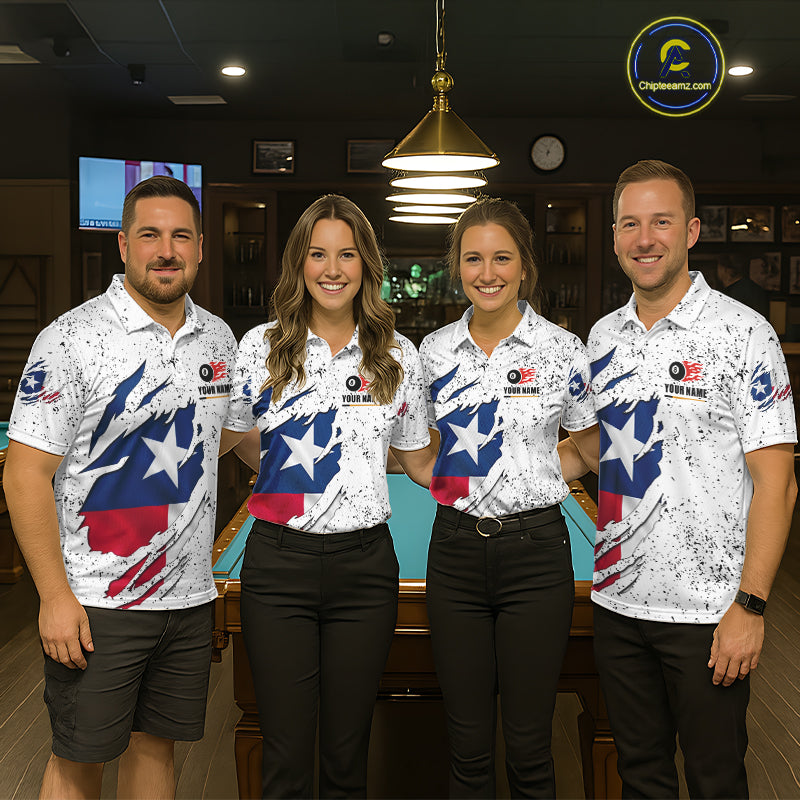 Billiard team wearing matching black grunge Texas flag 8 ball pool team jerseys featuring patriotic distressed artwork, front view.
