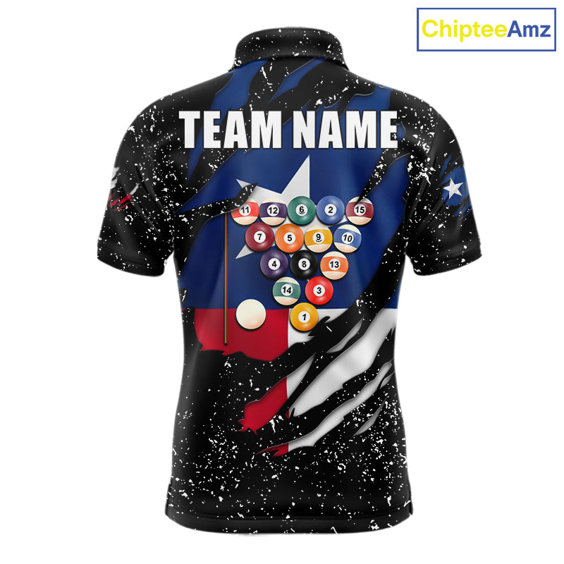 White grunge Texas flag 8 ball pool billiard team jersey polo shirt for men featuring distressed Texas flag artwork with bold patriotic styling, premium custom pool league apparel for tournaments, league play and competitive billiard teams.