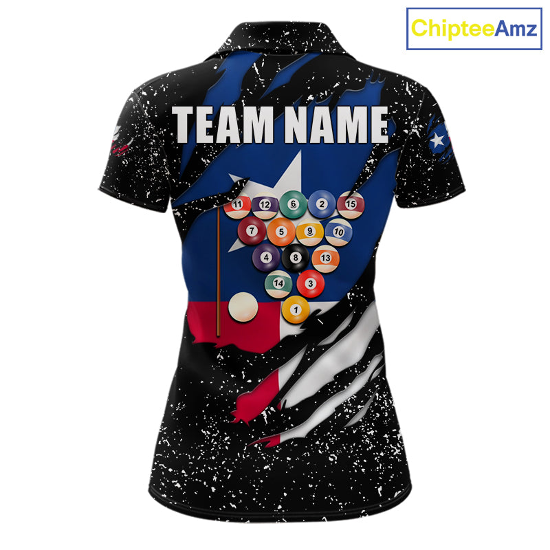 White grunge Texas flag 8 ball pool billiard team jersey polo shirt for women featuring distressed Texas flag artwork with bold patriotic styling, premium custom pool league apparel for tournaments, league play and competitive billiard teams.