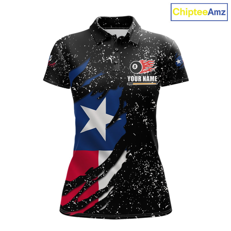 White grunge Texas flag 8 ball pool billiard team jersey polo shirt for women featuring distressed Texas flag artwork with bold patriotic styling, premium custom pool league apparel for tournaments, league play and competitive billiard teams.