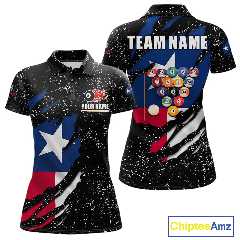 White grunge Texas flag 8 ball pool billiard team jersey polo shirt for women featuring distressed Texas flag artwork with bold patriotic styling, premium custom pool league apparel for tournaments, league play and competitive billiard teams.