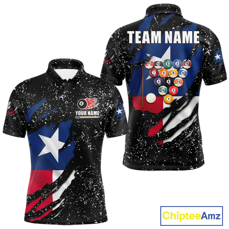 White grunge Texas flag 8 ball pool billiard team jersey polo shirt for men featuring distressed Texas flag artwork with bold patriotic styling, premium custom pool league apparel for tournaments, league play and competitive billiard teams.