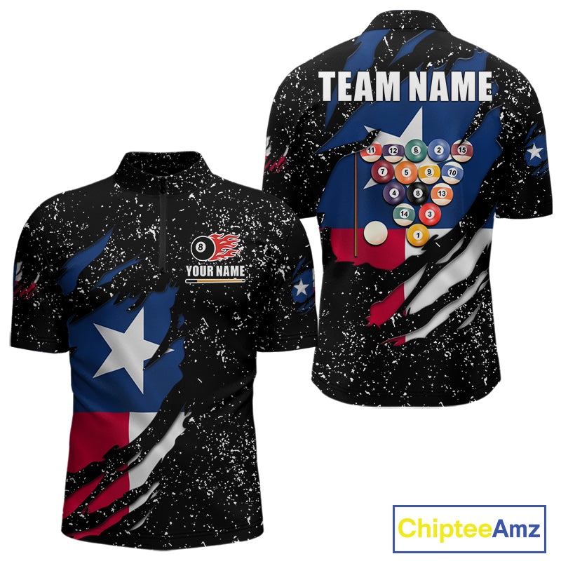 White grunge Texas flag 8 ball pool billiard team jersey quarter zip shirt for men featuring distressed patriotic Texas flag graphics, premium custom billiard league apparel for serious pool players.