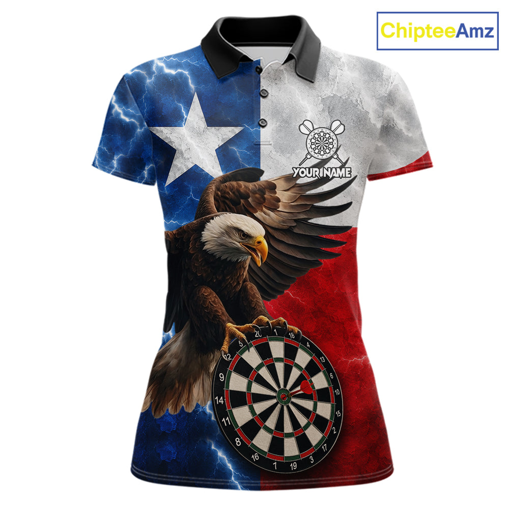 Texas flag eagle lightning darts team jersey polo shirt for women featuring patriotic Texas flag artwork with a soaring eagle and lightning graphics, premium custom darts league apparel for tournaments and competitive dart players.