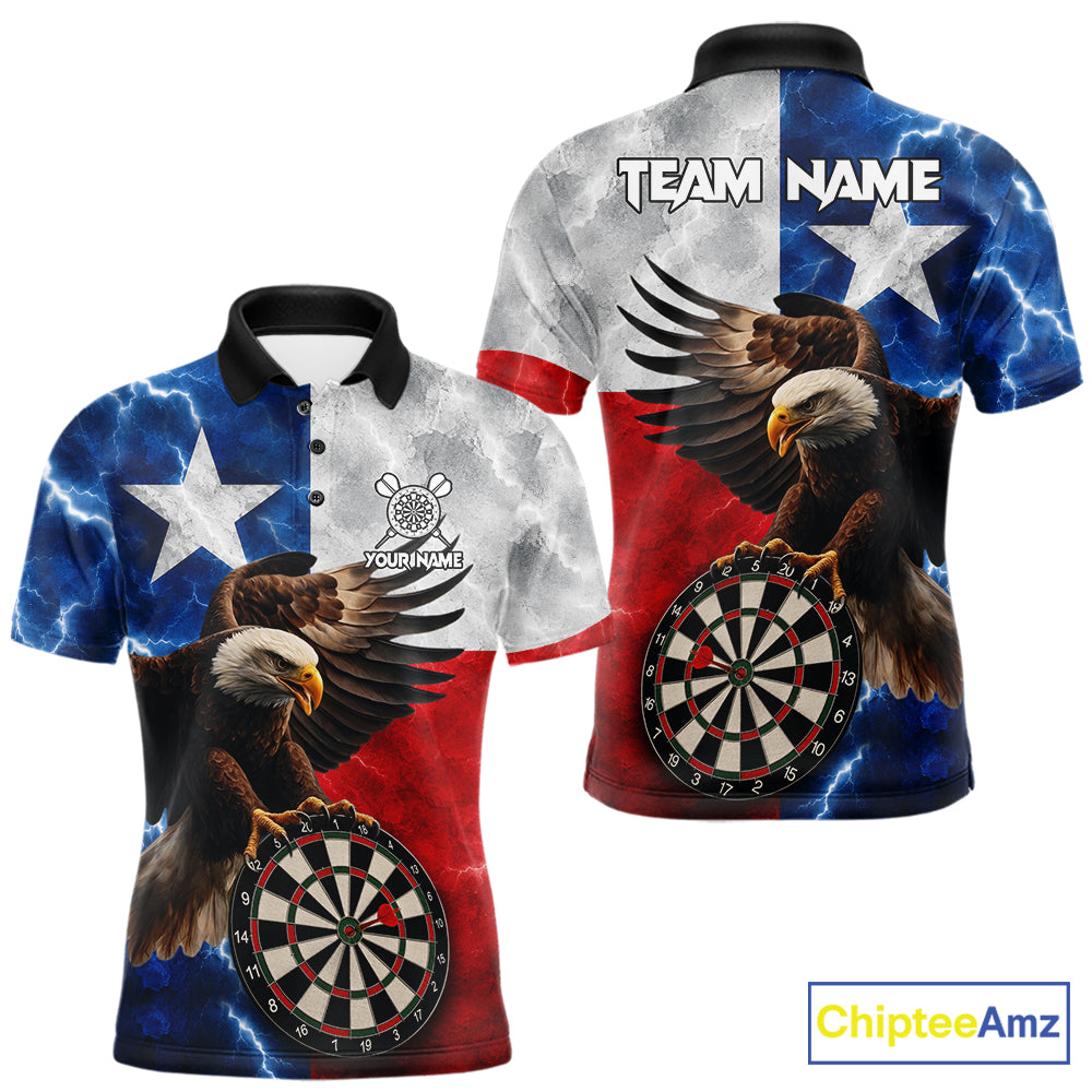 Texas flag eagle lightning darts team jersey polo shirt for men featuring patriotic Texas flag artwork with a soaring eagle and lightning graphics, premium custom darts league apparel for tournaments and competitive dart players.