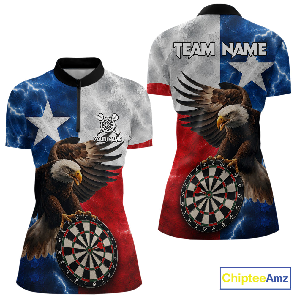 Texas flag eagle lightning darts team jersey quarter zip shirt for women featuring bold patriotic eagle and Texas flag artwork with lightning effects, premium custom darts league apparel.