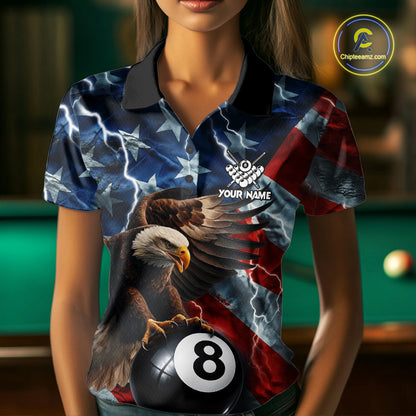Woman wearing American flag eagle lightning 8 ball billiard pool team jersey polo shirt featuring patriotic eagle artwork, front view.