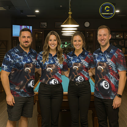 Billiard team wearing matching American flag eagle lightning 8 ball pool team jerseys featuring patriotic eagle graphics, back view.