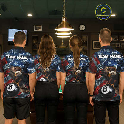 Billiard team wearing matching American flag eagle lightning 8 ball pool team jerseys featuring patriotic eagle graphics, front view.