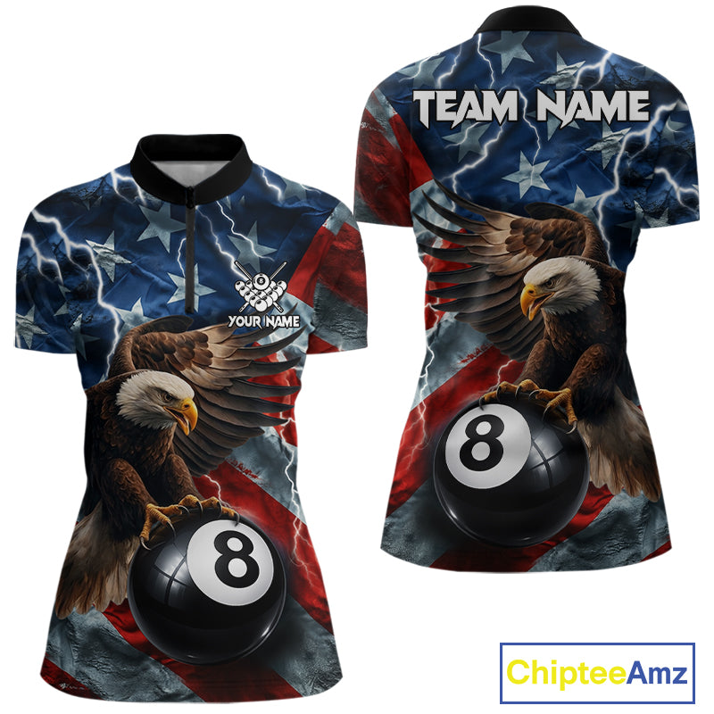 American flag eagle lightning 8 ball billiard pool team jersey quarter zip shirt for women featuring patriotic eagle graphics and lightning artwork for competitive billiard players.