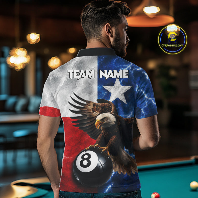 Man wearing Texas flag eagle lightning 8 ball billiard pool team jersey polo shirt featuring patriotic Texas eagle artwork, back view.