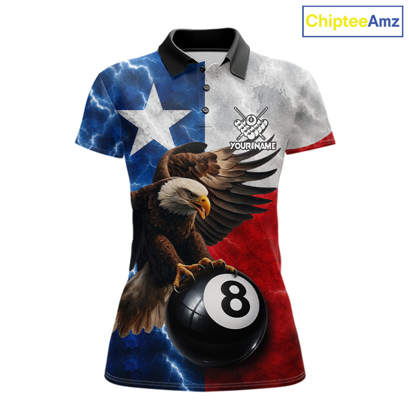 Texas flag eagle lightning 8 ball billiard pool team jersey polo shirt for women featuring patriotic Texas flag artwork with a soaring eagle and lightning effects, premium custom pool league apparel.