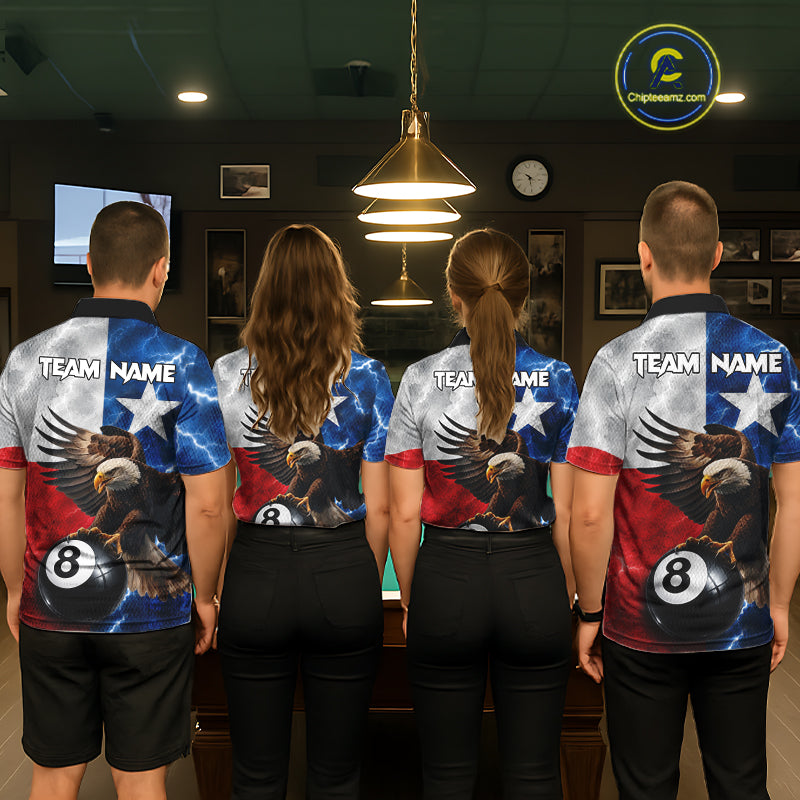 Billiard team wearing matching Texas flag eagle lightning 8 ball pool team jerseys featuring patriotic eagle graphics, back view.