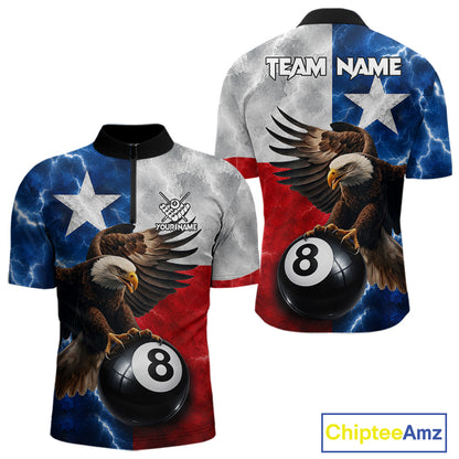 Texas flag eagle lightning 8 ball billiard pool team jersey quarter zip shirt for men featuring bold Texas flag eagle graphics and lightning artwork.