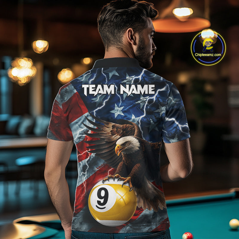 Man wearing custom American flag eagle lightning 8 ball and 9 ball billiard pool team jersey polo shirt featuring patriotic eagle artwork, back view.