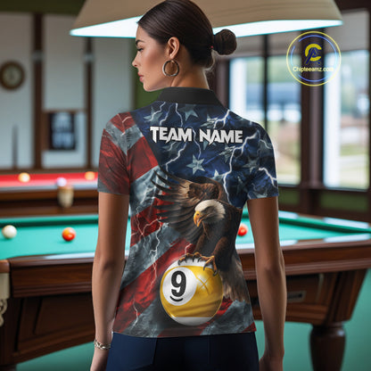 Woman wearing American flag eagle lightning 8 ball billiard pool team jersey polo shirt featuring patriotic eagle artwork, back view.