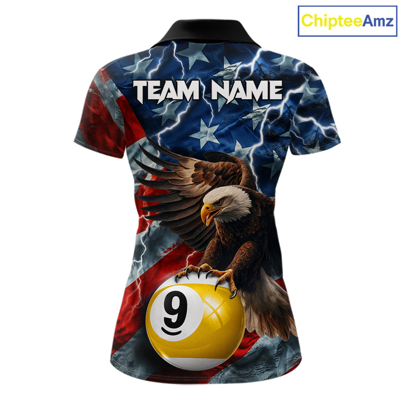 American flag eagle lightning 8 ball billiard pool team jersey polo shirt for women featuring patriotic eagle artwork with lightning effects, premium custom pool league apparel for tournaments and league play.