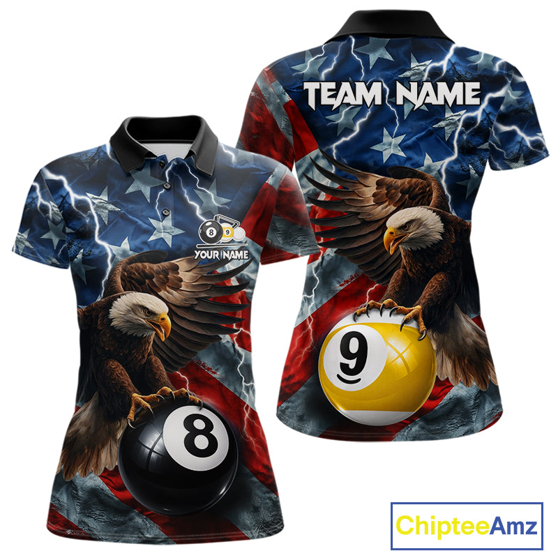 American flag eagle lightning 8 ball billiard pool team jersey polo shirt for women featuring patriotic eagle artwork with lightning effects, premium custom pool league apparel for tournaments and league play.