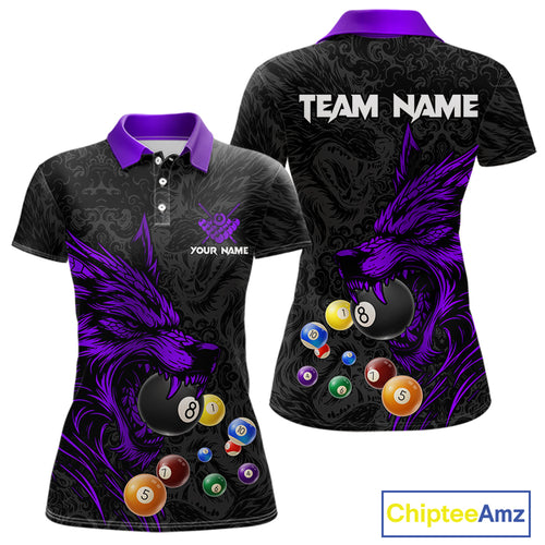 Personalized Wolf Billiard Balls Pool Shirt For Women, Black And Purple Billiard League Team Jersey TDM5203