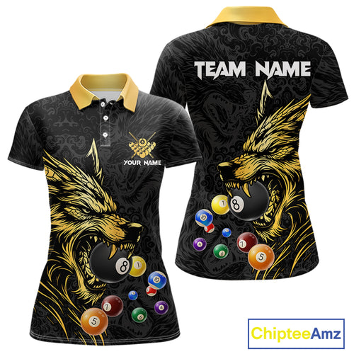 Personalized Wolf Billiard Balls Pool Shirts For Women, Black And Gold Billiard League Team Jerseys TDM5204
