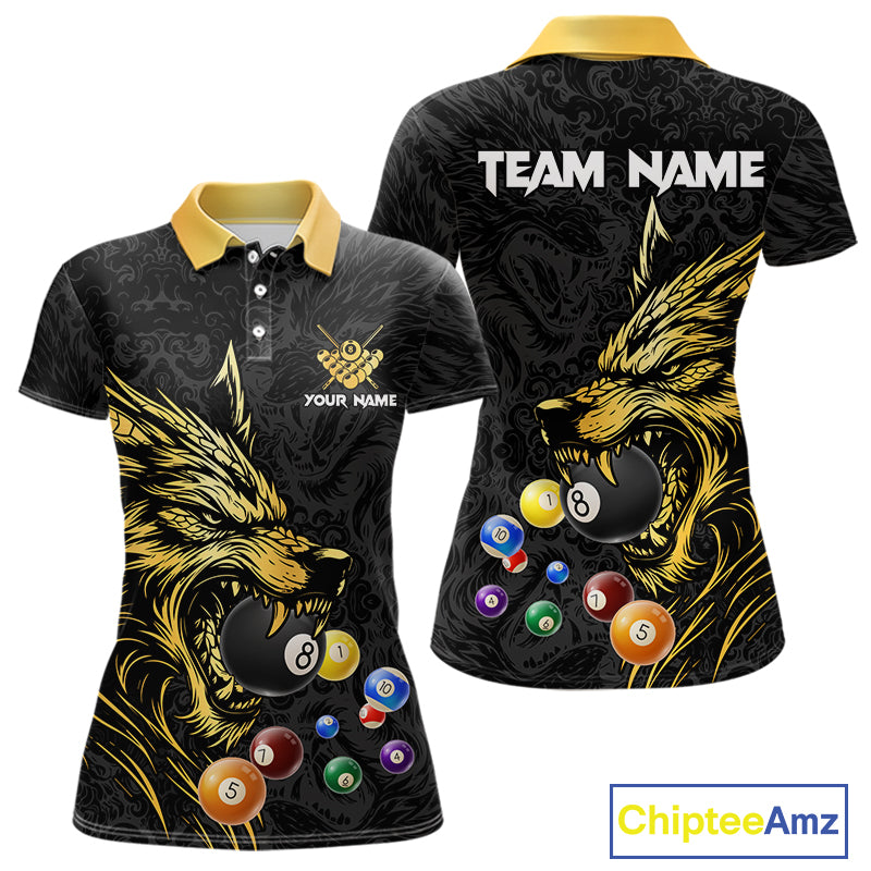Personalized Wolf Billiard Balls Pool Shirts For Women, Black And Gold Billiard League Team Jerseys TDM5204