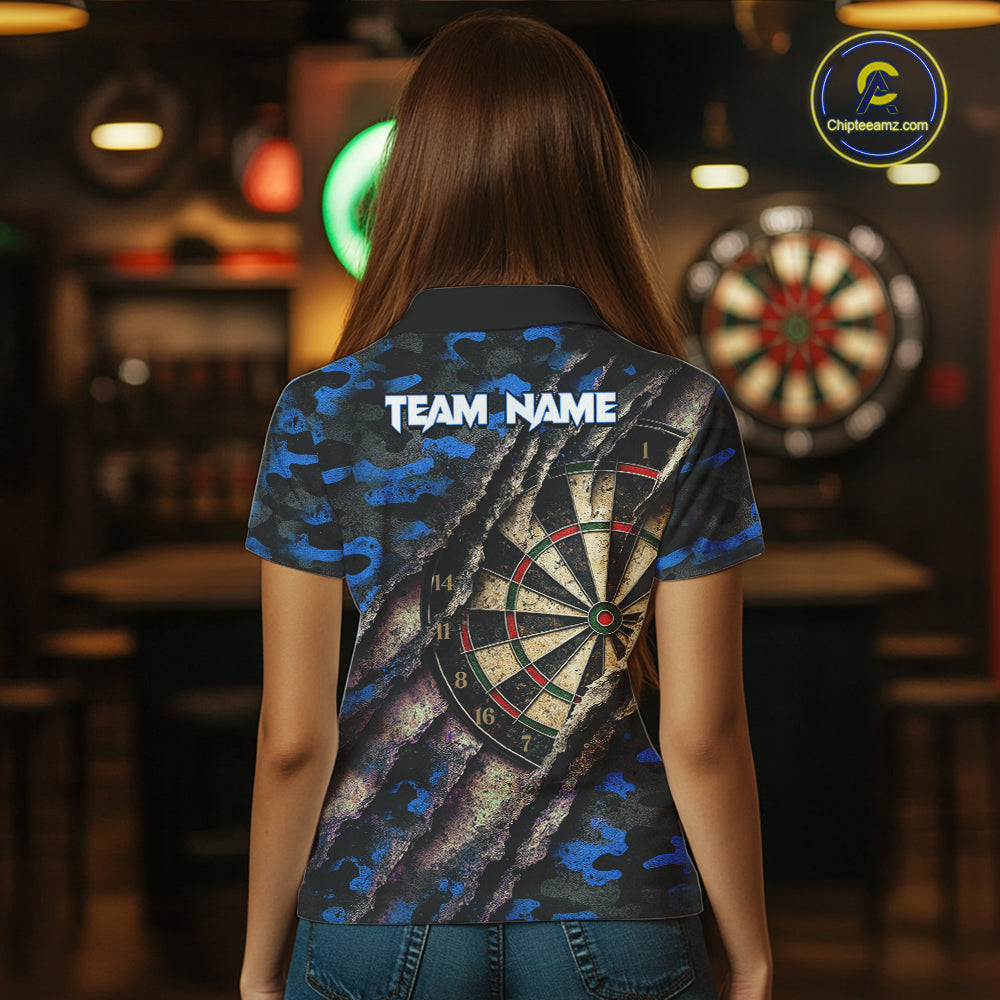 Blue Retro Grunge Camo Darts Shirt For Women Custom Darts Jersey Team Polo & Quarter Zip Uniform TDM5449