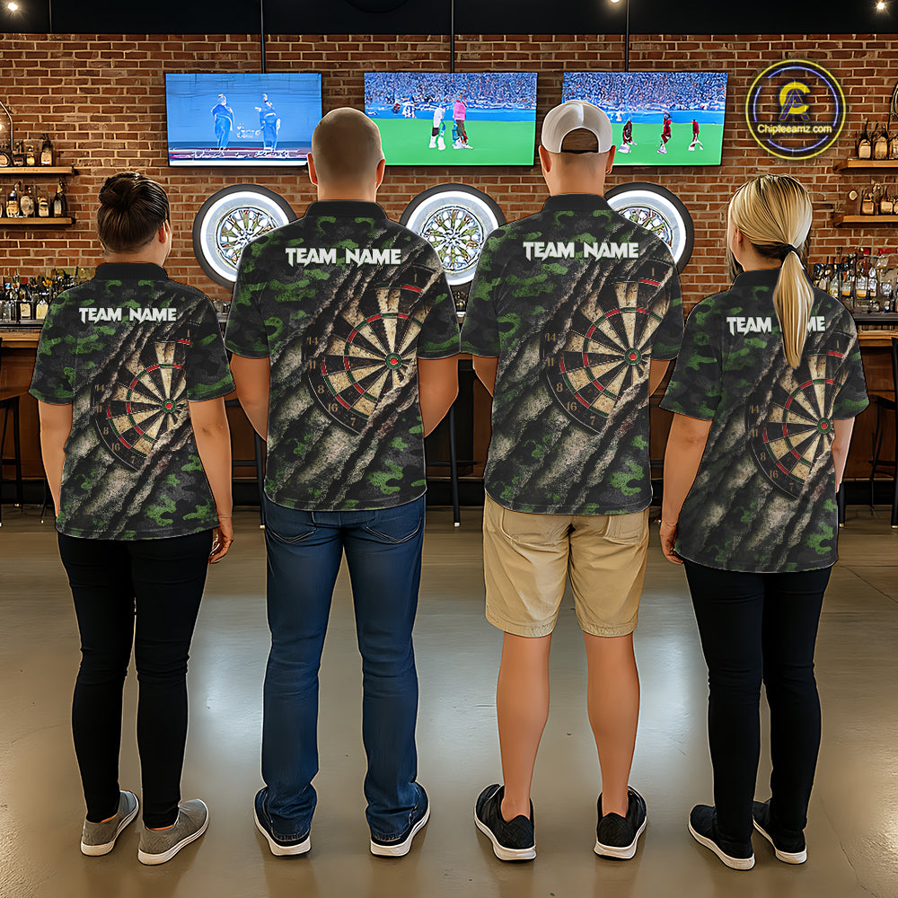 Green Retro Grunge Camo Darts Shirt For Women Custom Darts Jersey Team Polo & Quarter Zip Uniform TDM5450