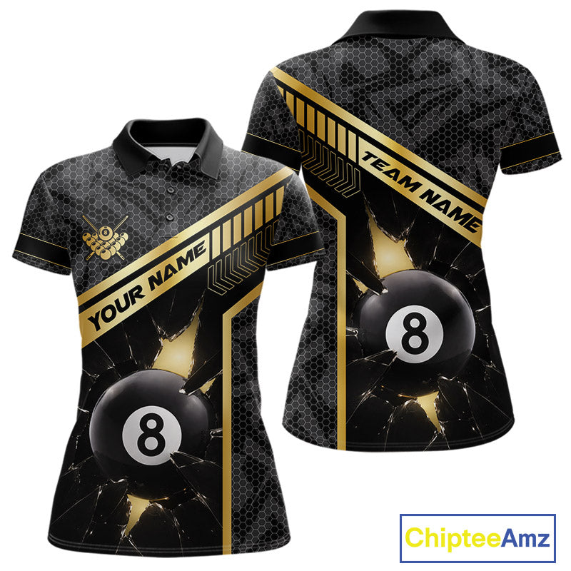 Black And Gold 8 Ball Break Glass Billiard Shirt For Women Custom Pool Team Jersey Polo & 1/4 Zip TDM6069